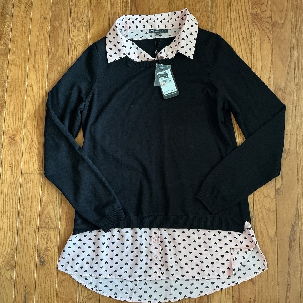 NWT Adrianna Papell Black Sweater w/ Black Pink Polka Dot Undershirt Attached M